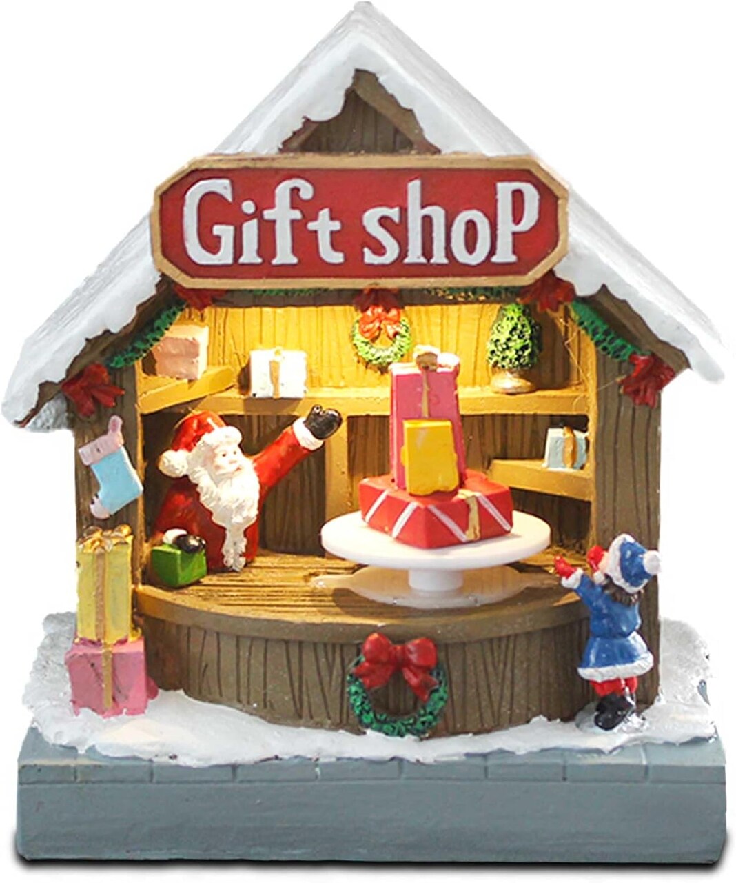 Animated Christmas Village Street Gift Shop with LED Light & Music, Resin Figurines Cute Santa Claus for Festive Decorations